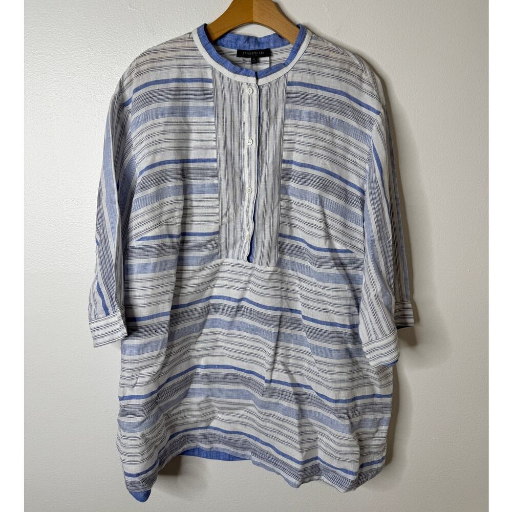 Lafayette New York 2X Blue White Stripe Linen Popover Tunic Top 3/4 Sleeve